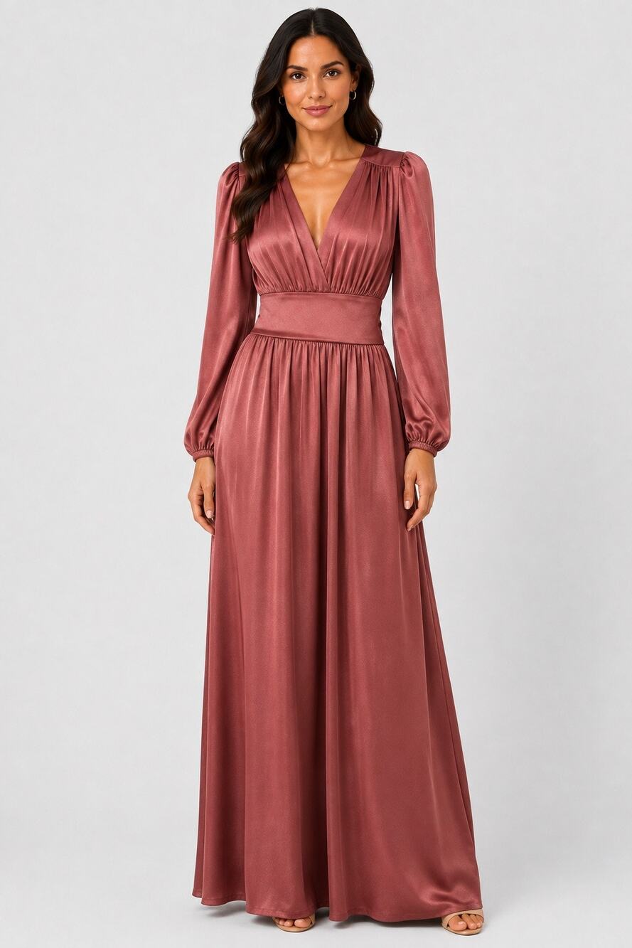 Vintage Joy Stevens Mauve Satin Maxi Dress Long Sleeve Deep V Tie Back Small